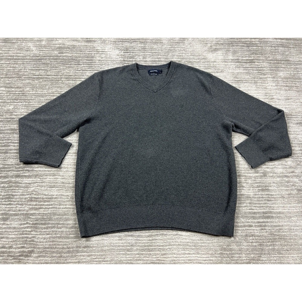 Nautica Sweater Mens 2XL Gray V-Neck Long Sleeve Pima Cotton Blend